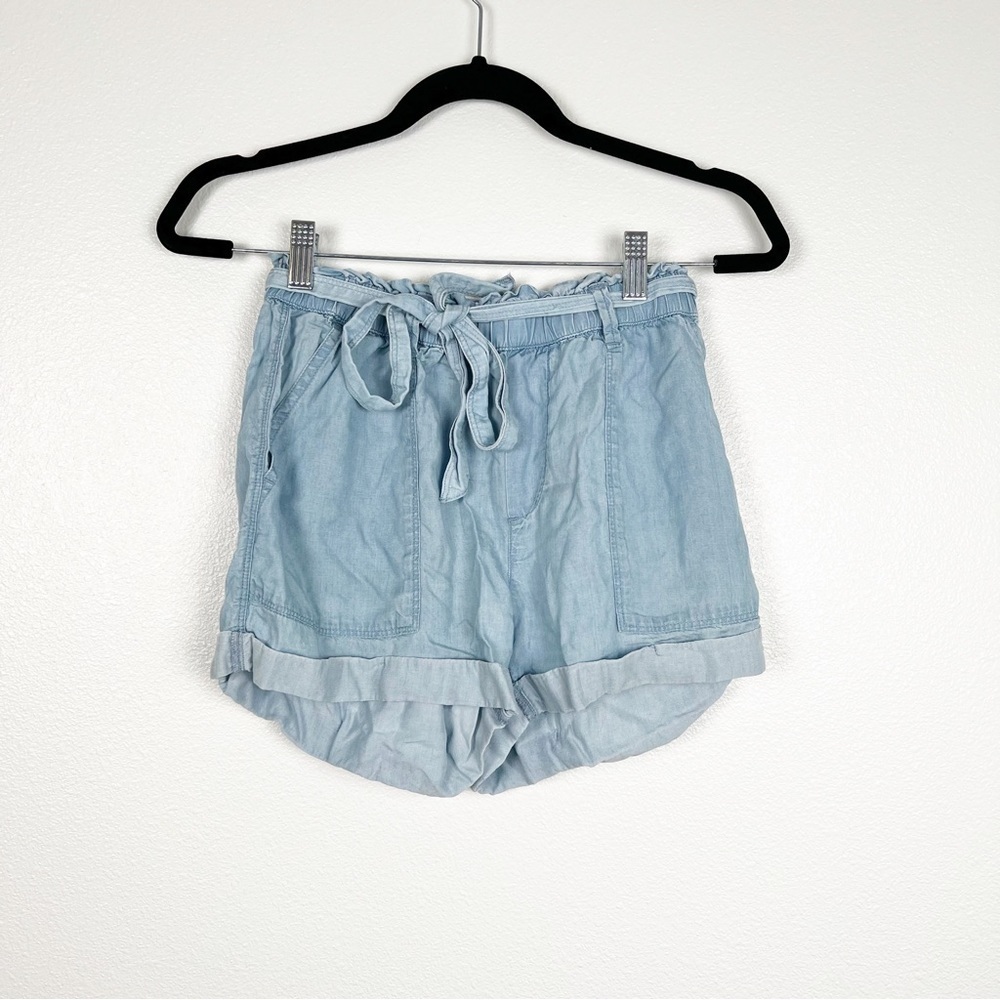 Aerie Chambray Belted Shorts Blue Light Wash Lyocell Paperbag Waist Small